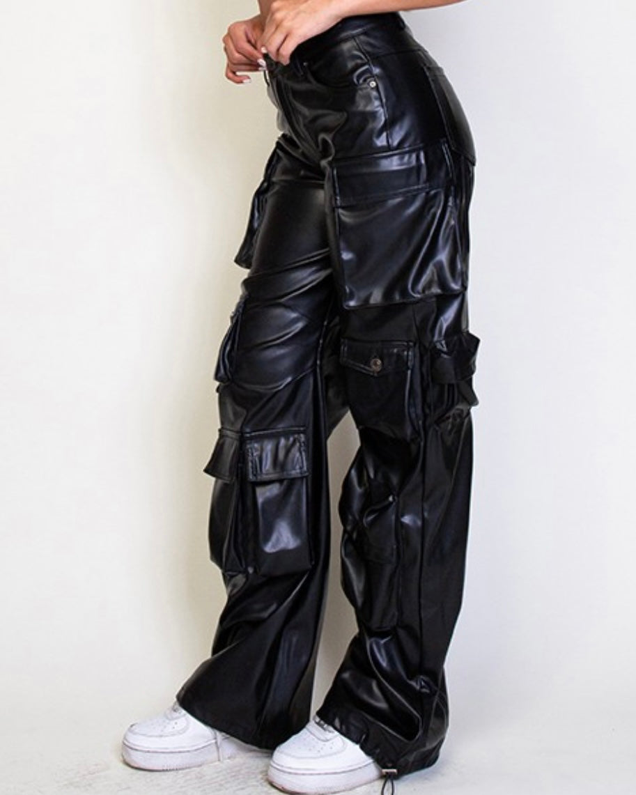 Vegan Leather Cargos Pants