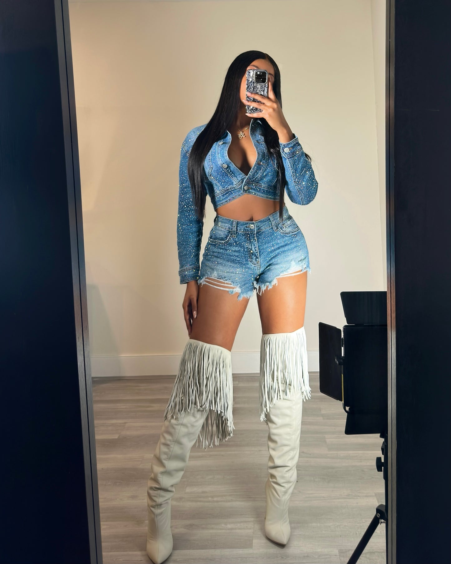 So Dramatic Rhinestone Denim Shorts